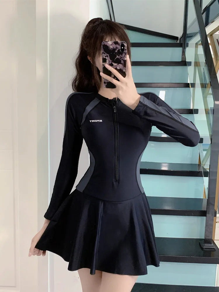 Women's Long Sleeve Swimsuit Dress | Tummy Control Conservative One-Piece Swimwear