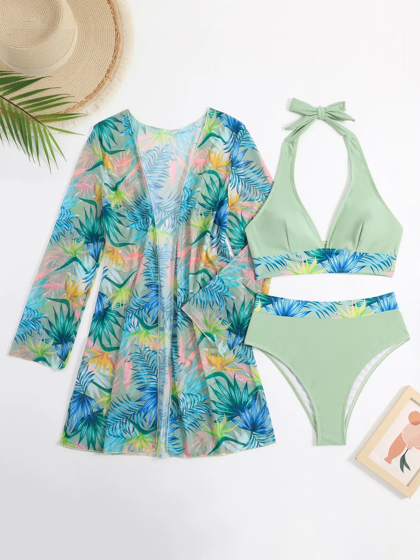 Print 3 Piece Bikini Set with Kimono - Halter High Waist Swimsuit for Women