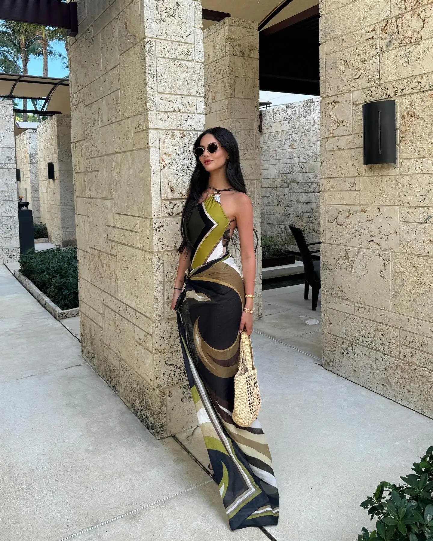 Women's Hollow Out One-Piece Swimsuit with Skirt | Geometry Print Beachwear