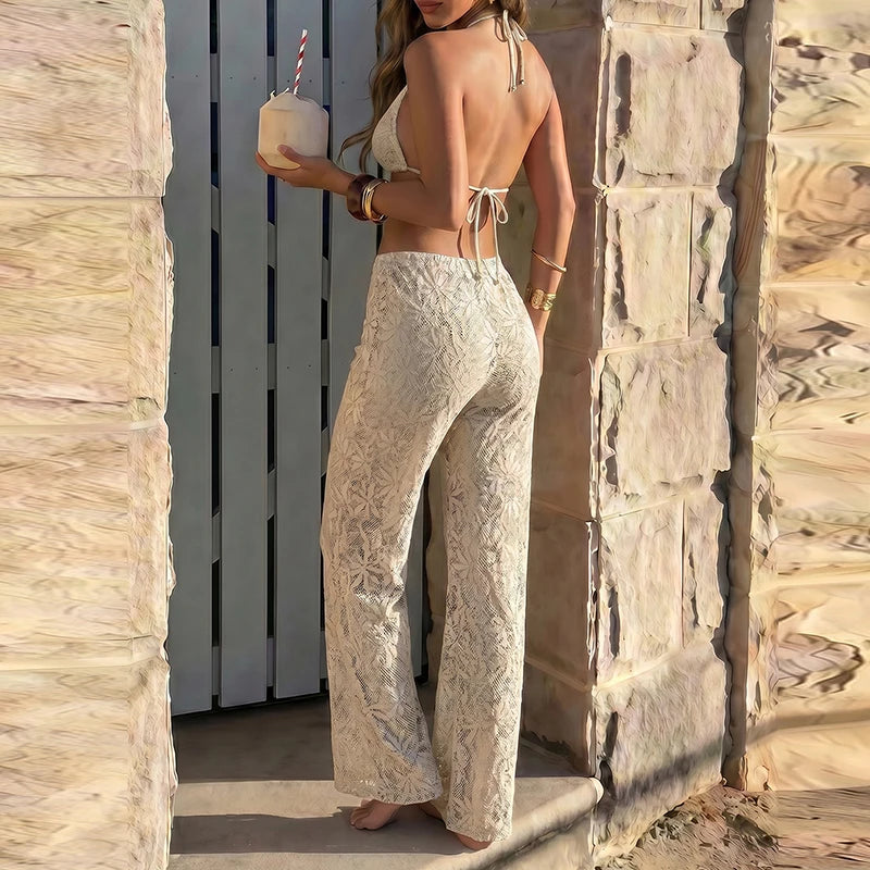 Women's 3-Piece Mesh Knitted Halter Bikini Set | Hollow Out Print with Thong Bottom