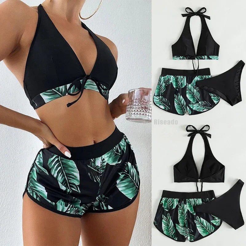 Leaf Print 3 Piece Bikini Set - Women's Sexy High Waist Swimsuit for the Beach