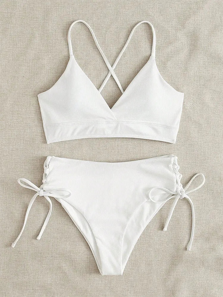 CIKINI Women's V-Neck Lace Up Bikini Set | Solid Color Triangle Swimwear