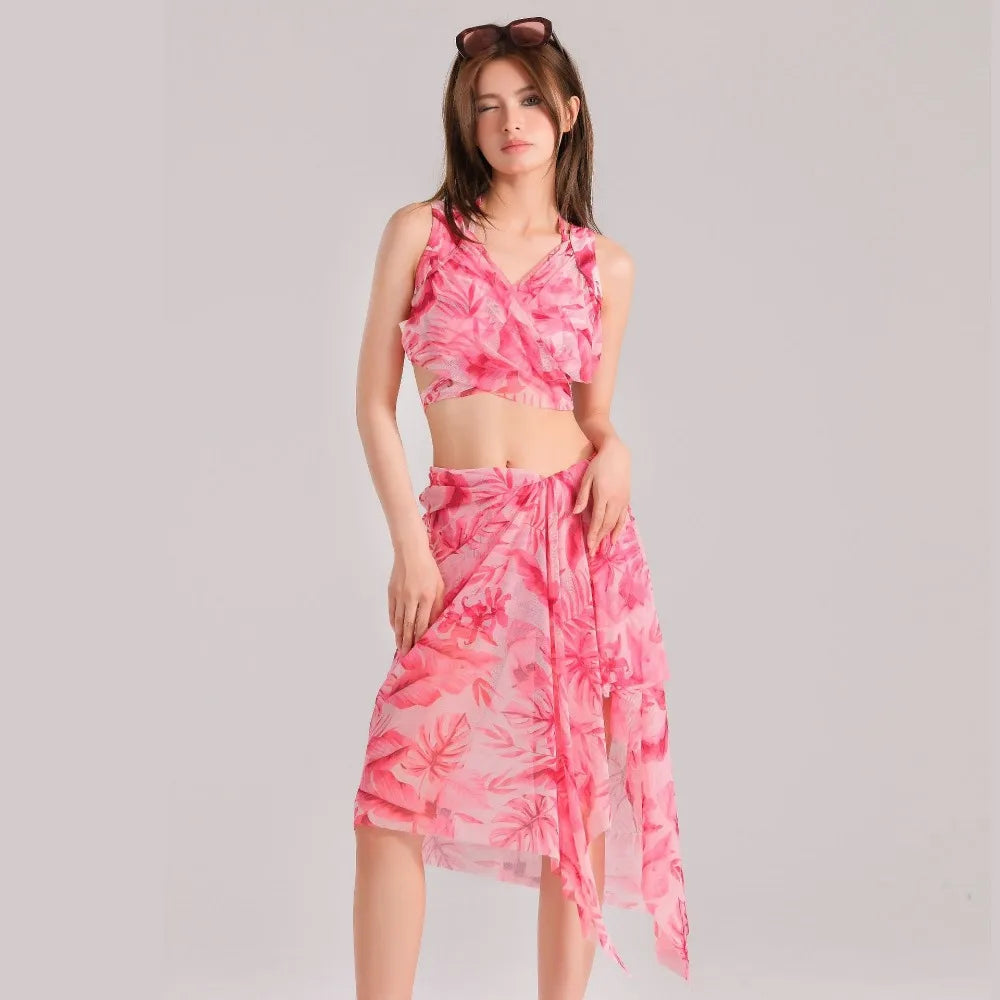 Gradient Floral 3 Piece Bikini Set - Fashion Slimming Split Style for Sun Protection