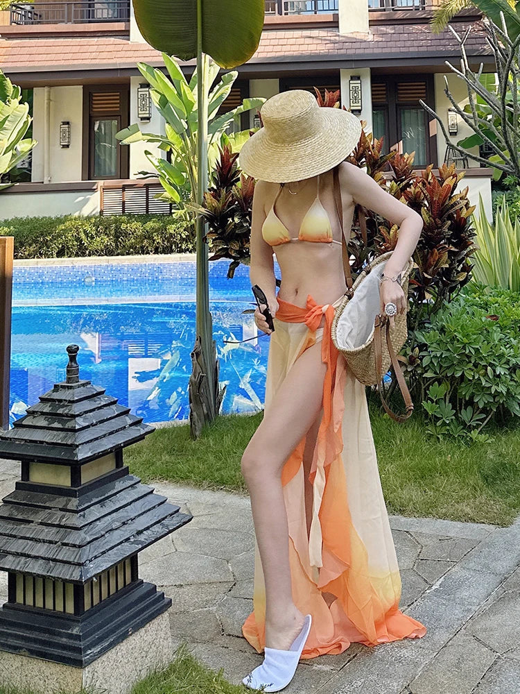 Sunset Gradient 3 Piece Bikini Set - Halter Triangle Swimsuit with Cover Up & Cheeky Bottoms