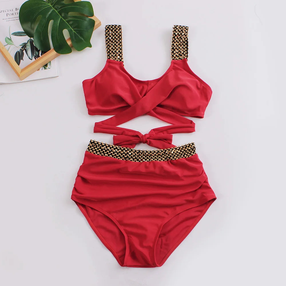 Black Cross High Waist Bikini Set - Solid Swimsuit for Women | 2025 Summer Beachwear