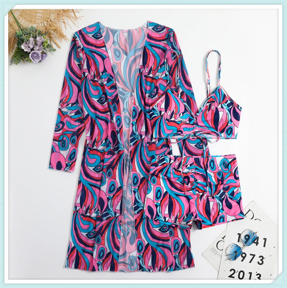 Sexy Printed 3 Piece Bikini Set - High Waist Swimsuit with Cover Up for Women