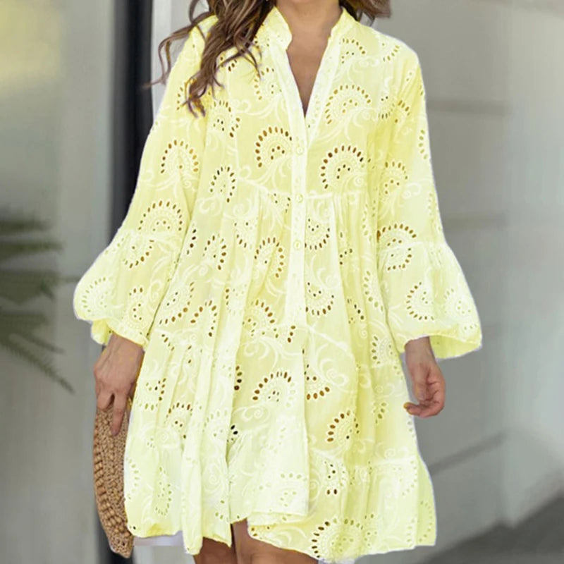 Women's Hollow Out Lace Dress - Elegant Vintage V-Neck Mini Dress with Long Sleeves