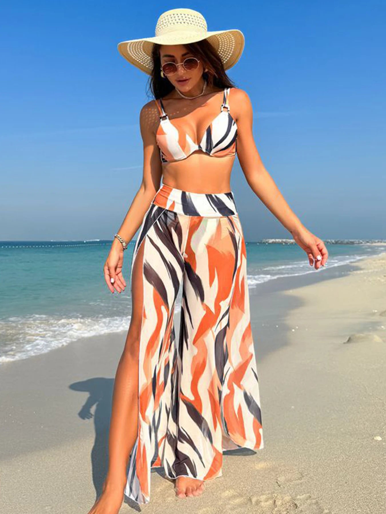 Sexy 3 Piece Bikini Set with High Split Pants - Women's Swimsuit for Beach & Swimming