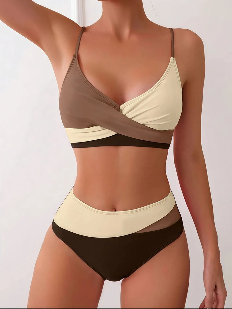 Patchwork Two-Piece Bikini Set - Sexy Backless Cross Push Up Hollow Swimsuit