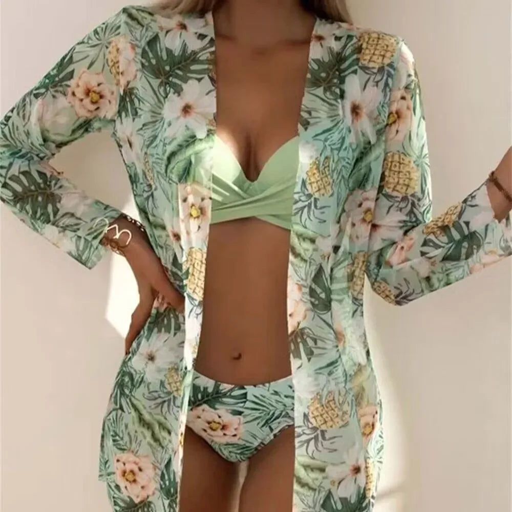 Women's Print 3 Piece Bikini Set - Push Up Twist Swimsuit with Long Sleeve Cover Up