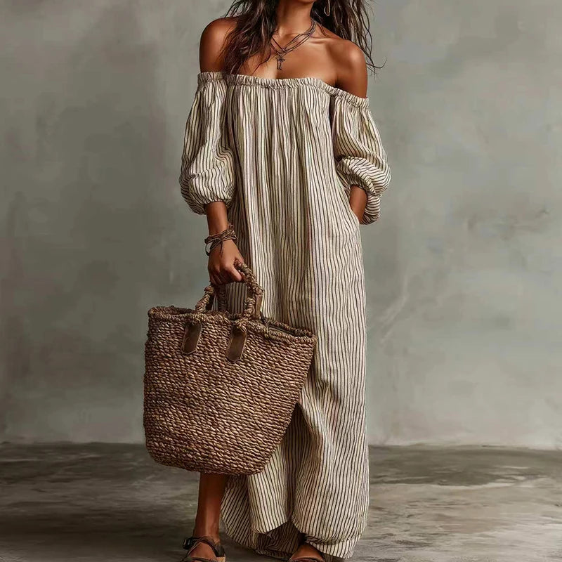 Women's Striped Patchwork Maxi Dress | Slash Neck Elegant Summer Party Wear