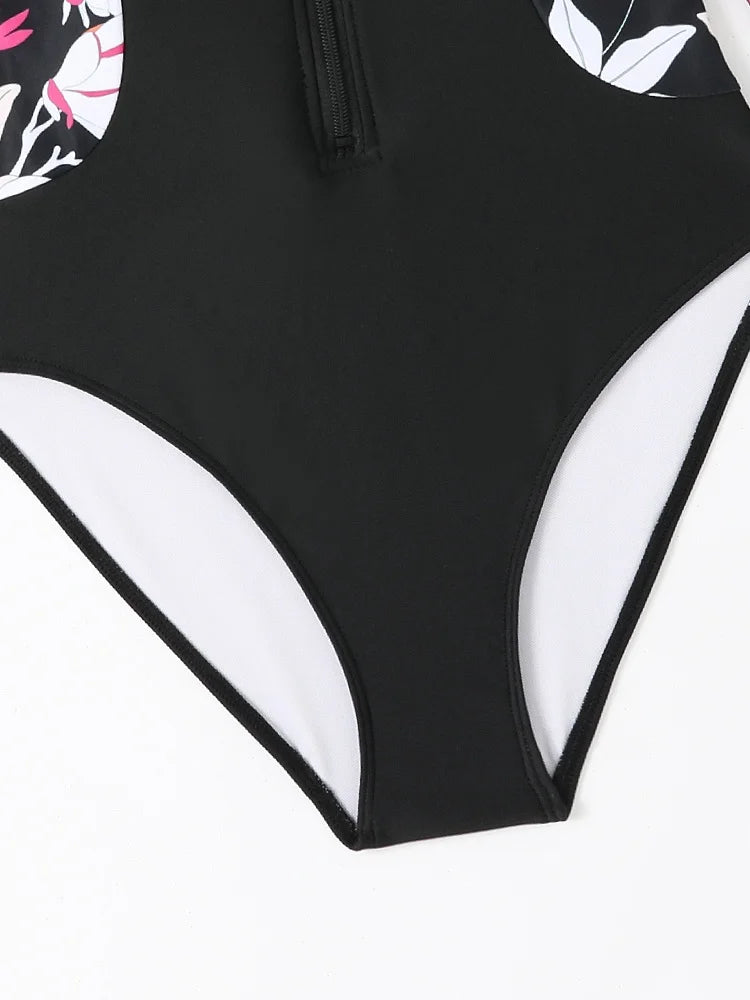 Sexy Solid Print One Piece Swimsuit - Long Sleeve Bodysuit Monokini for Women