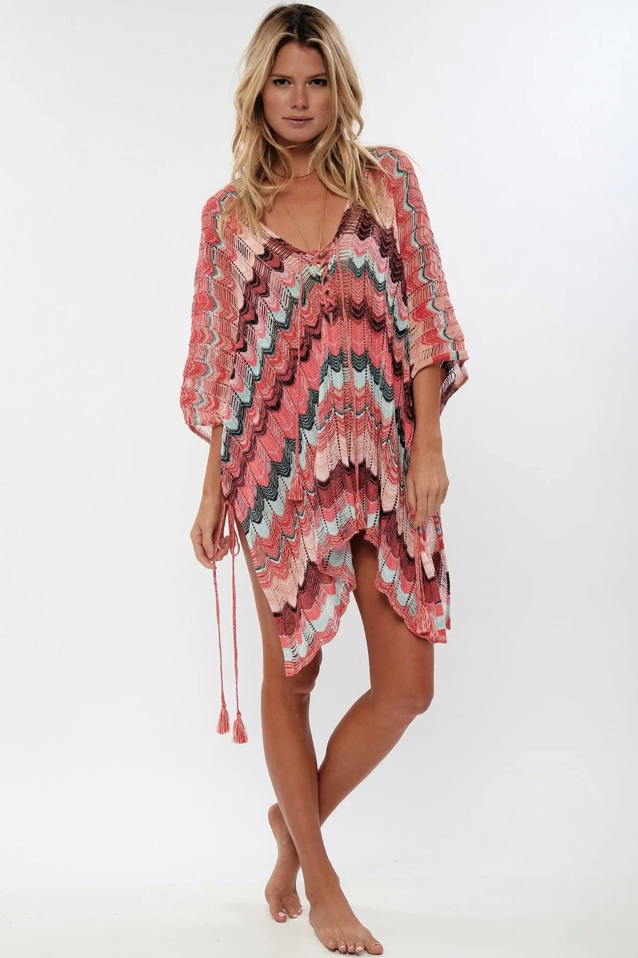 Women's Cotton Crochet Tunic Cover Up | Deep V Neck Lace-Up Mini Beach Dress