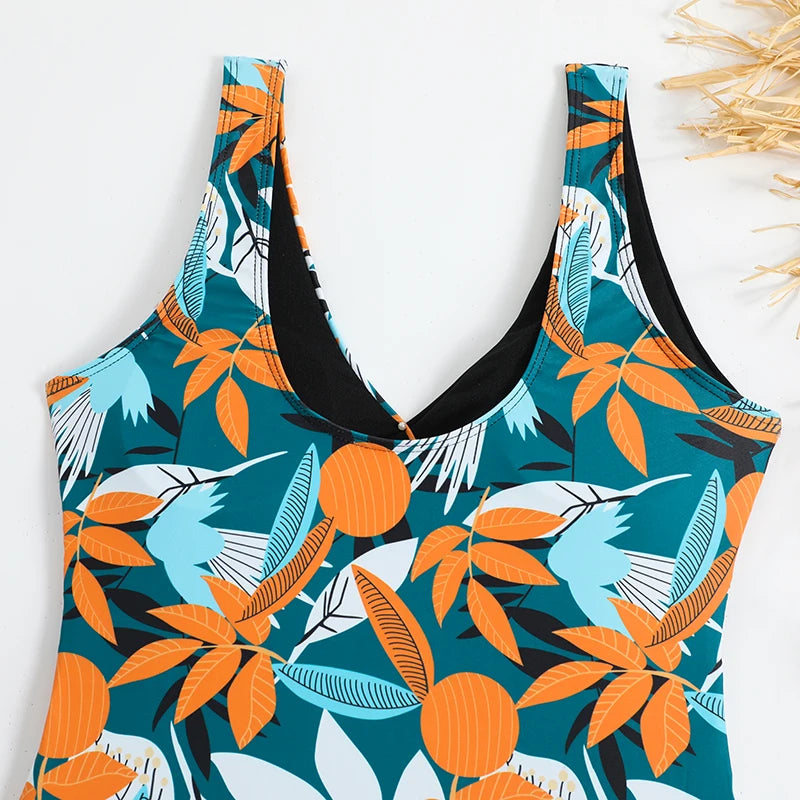 Tropical Print One Piece Swimsuit - Knot Side Belted & Padded Bathing Suit for Women