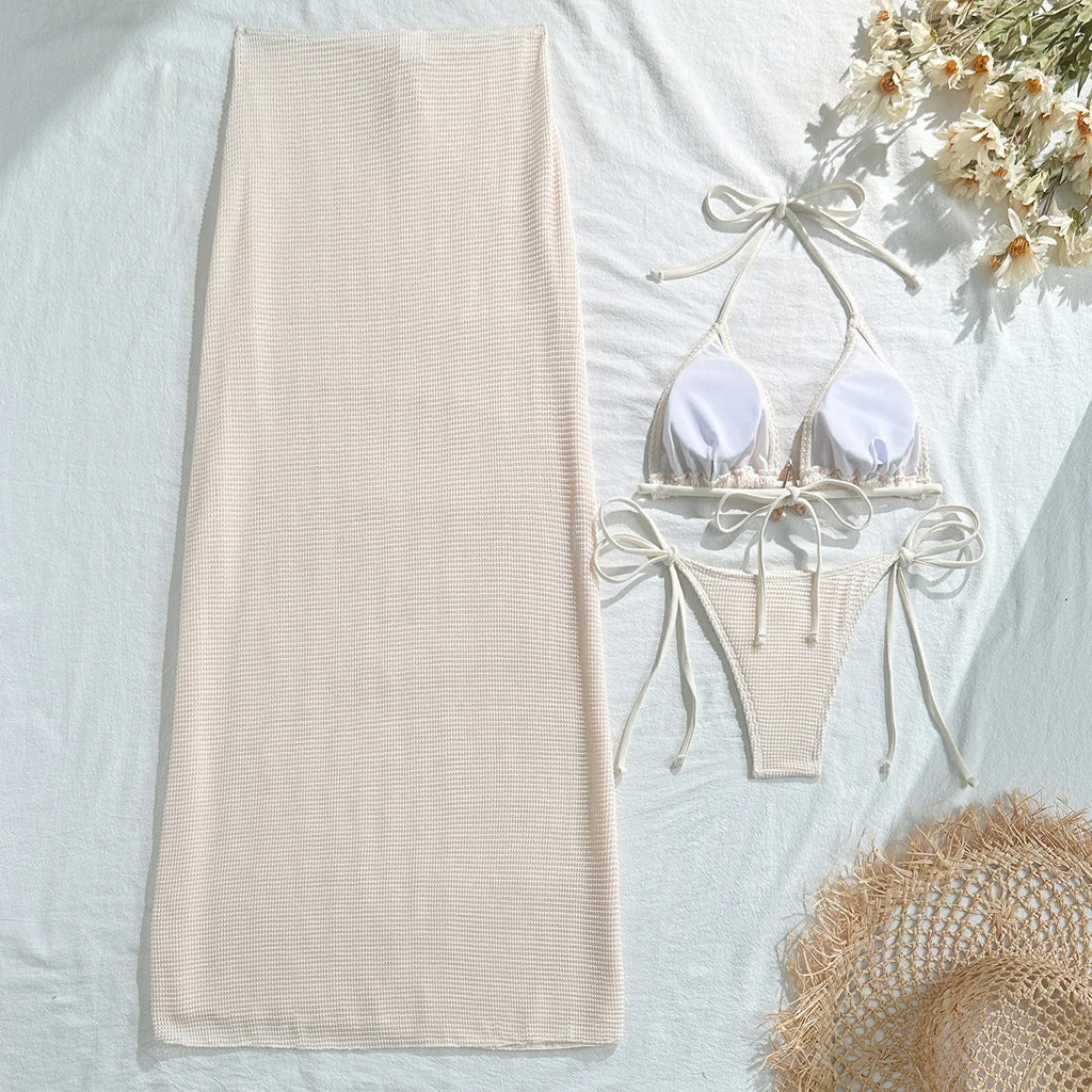 Solid Color 3 Piece Bikini Set with Mesh Skirt - Starfish Swimsuit for Women