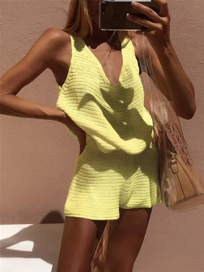 Women's Knitted Beach Set | Deep V-Neck Lace Up Vest & Shorts