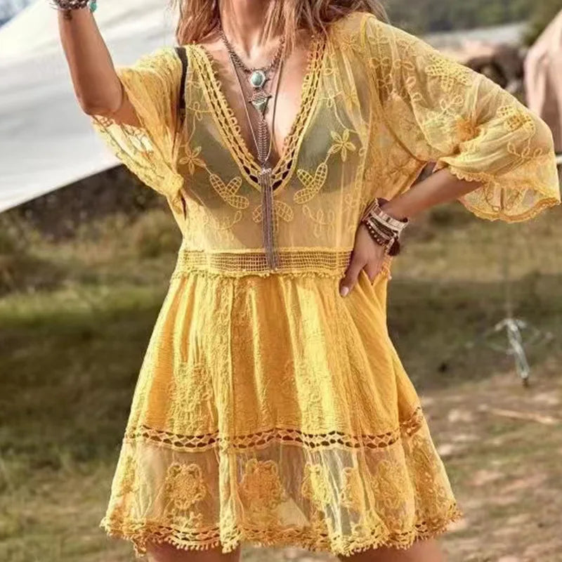 Women's Mesh Lace Cover Up Dress | Deep V-Neck Beach Swimsuit Set