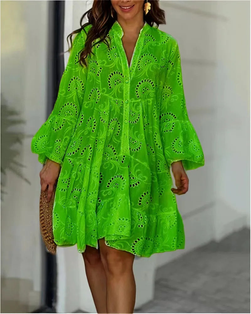 Women's Hollow Out Lace Dress - Elegant Vintage V-Neck Mini Dress with Long Sleeves