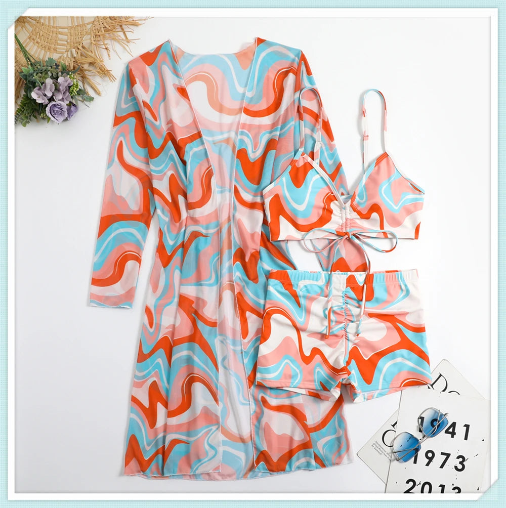 Sexy Printed 3 Piece Bikini Set - High Waist Swimsuit with Cover Up for Women