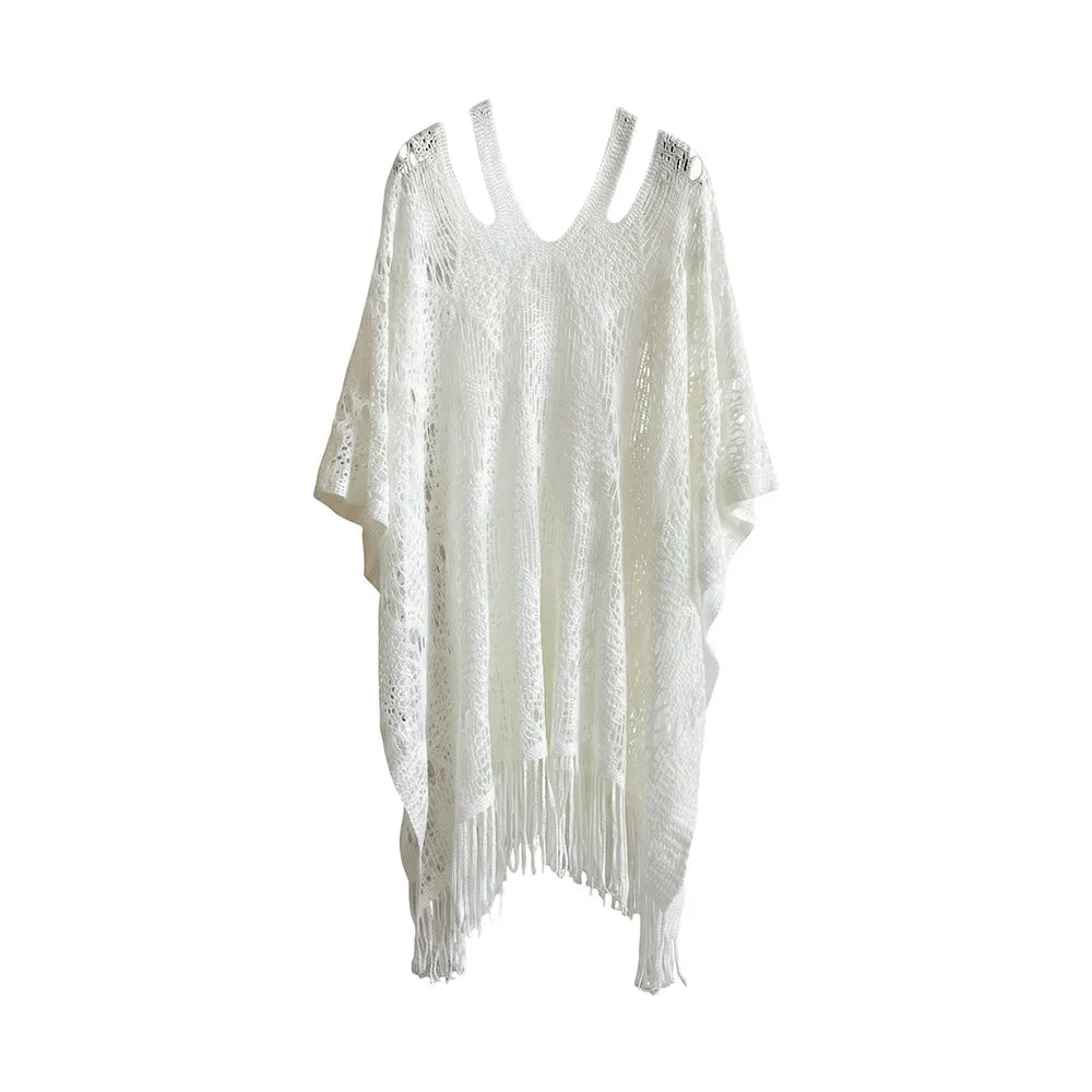 Women's Crochet Beach Shawl | Bohemian Tassel Sun Protection Cover Up