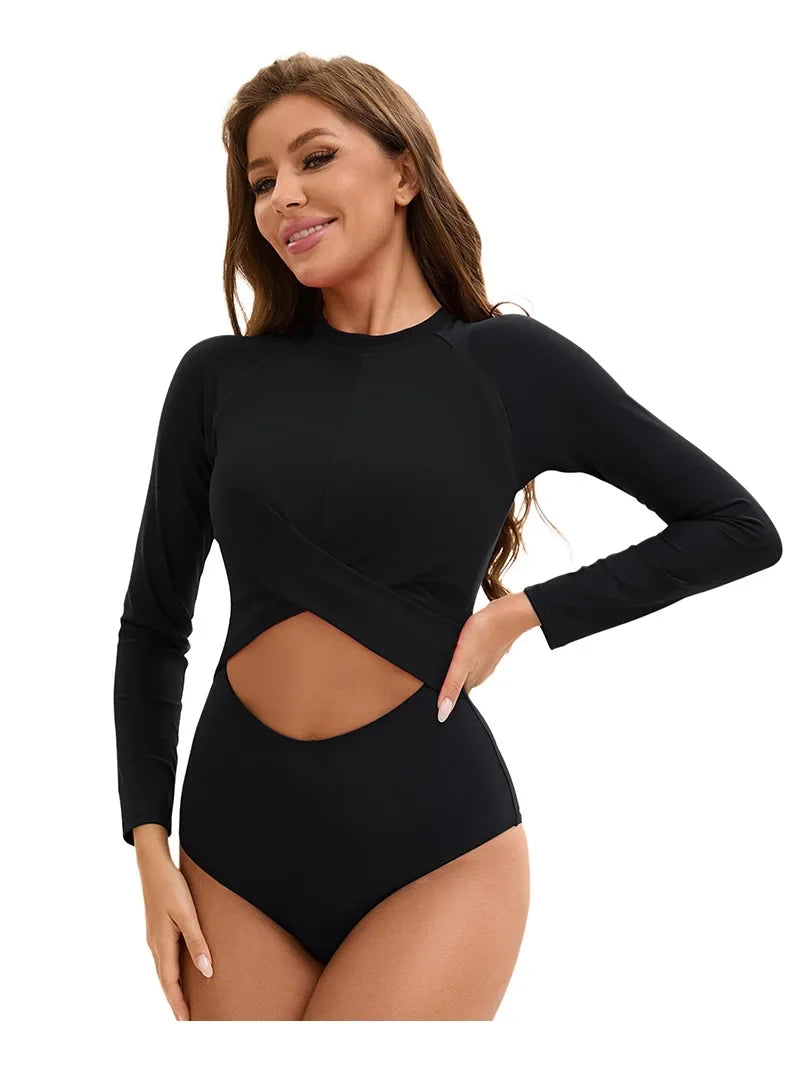 Women's Sporty Color Block Swimsuit Set | Long Sleeve & High Waist Surf Swimwear