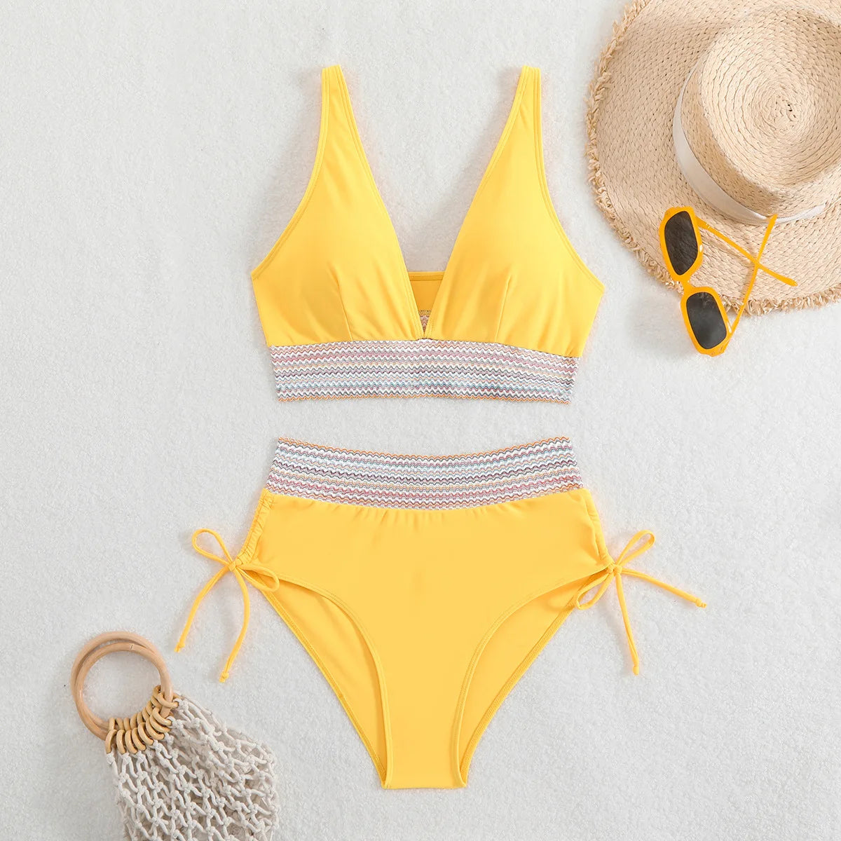 Solid Color Drawstring Bikini Set - High Waist Patchwork Separate Swimwear for Women