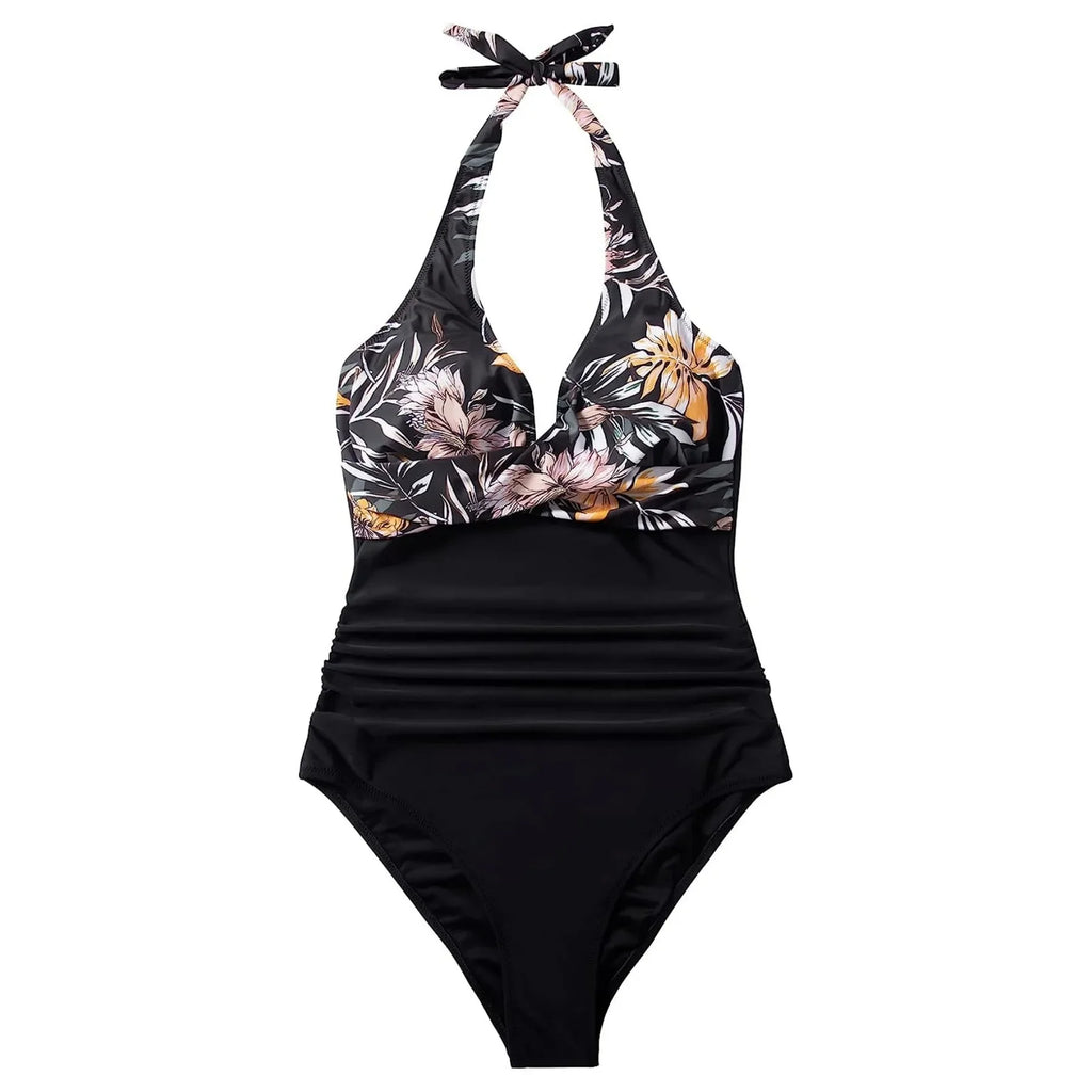 Women's Wrinkled Halter One Piece Swimsuit | V Neck Backless Monokini S-XXL