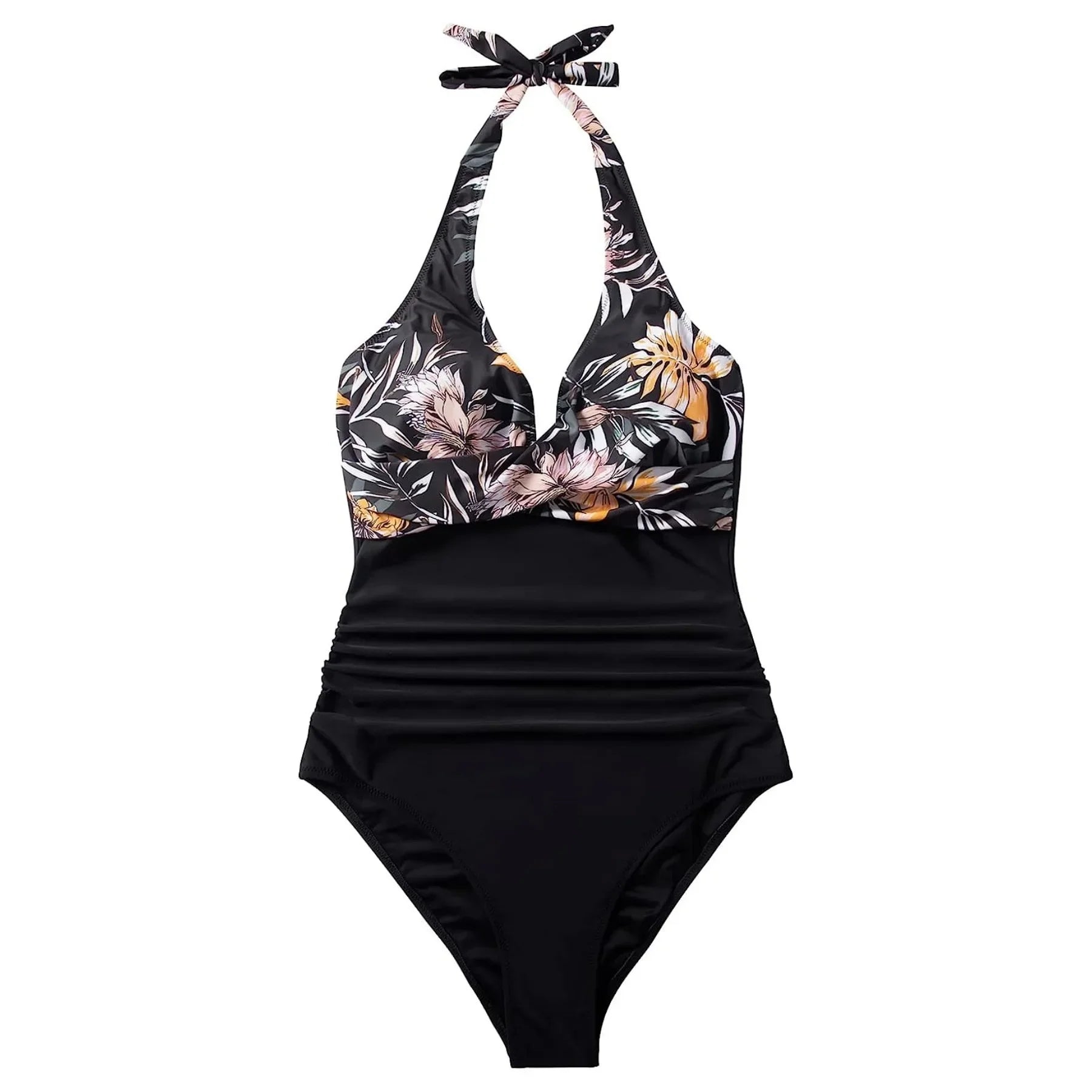 Women's Wrinkled Halter One Piece Swimsuit | V Neck Backless Monokini S-XXL