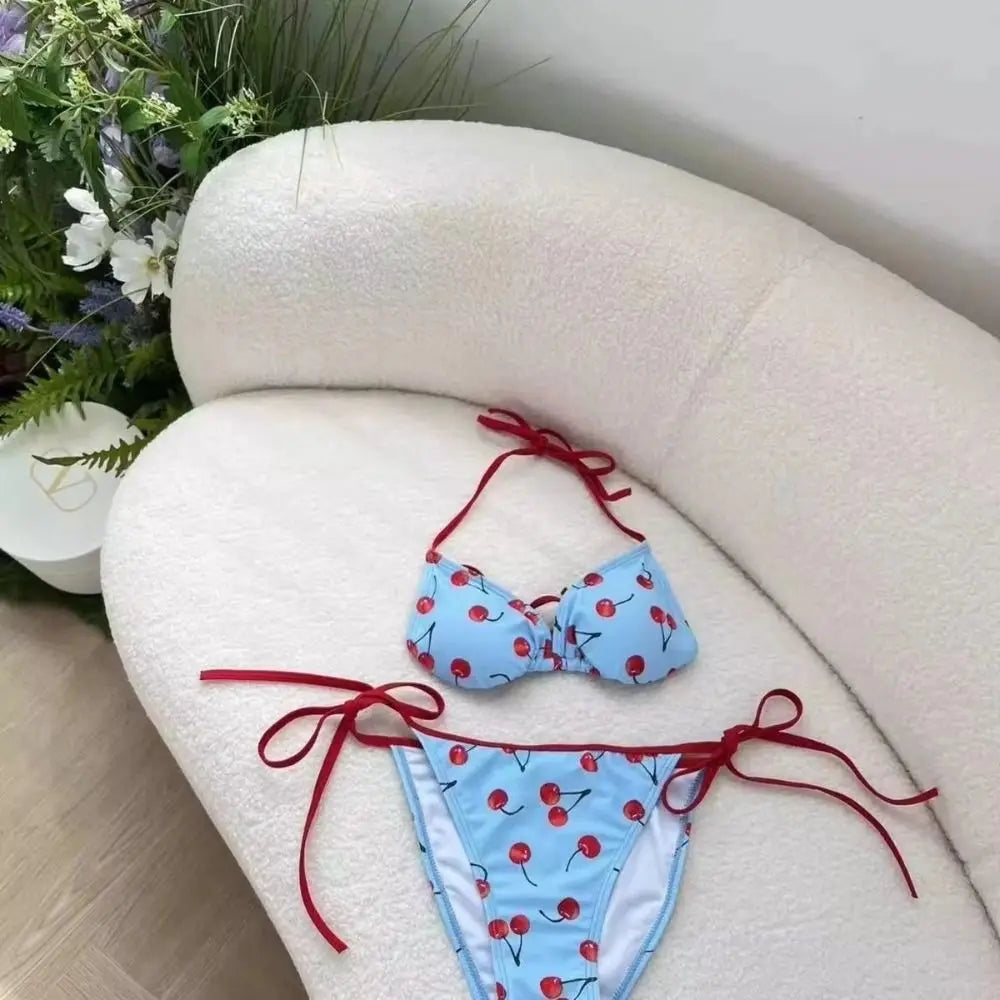 Pure Desire Women's Cherry Print Bikini Set | V-Neck Push Up with Wrap Skirt (4-Piece)