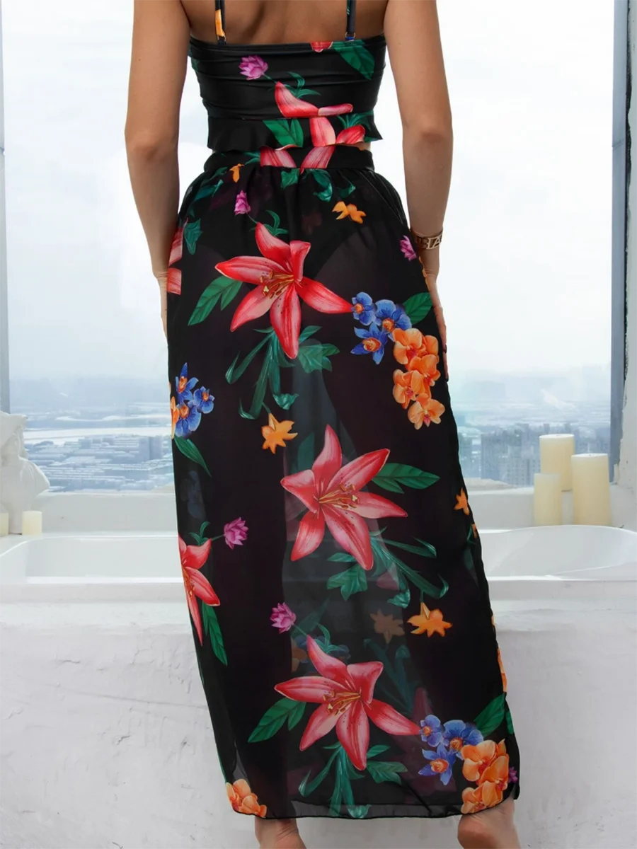 Floral Print 3 Piece Bikini Set - Knot Front Ruffle Swimsuit with High Waist Skirt