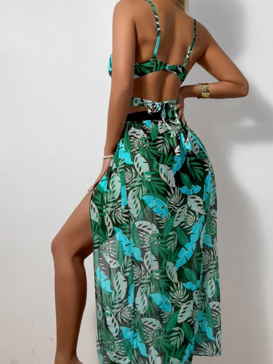 Print Cross 3 Piece Bikini with Long Skirt - Women's Vent Swimsuit for Beach