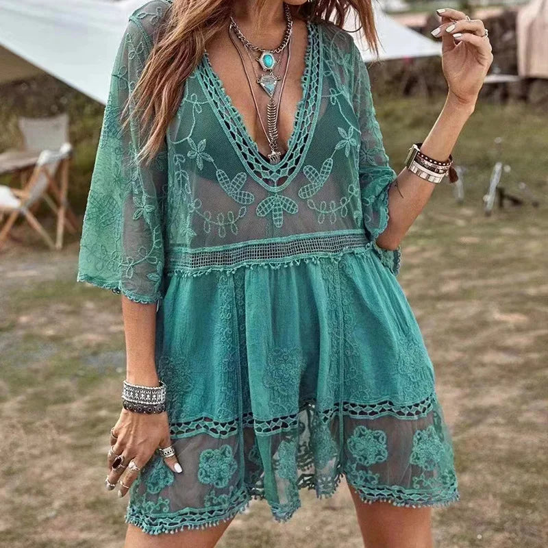 Women's Mesh Lace Cover Up Dress | Deep V-Neck Beach Swimsuit Set