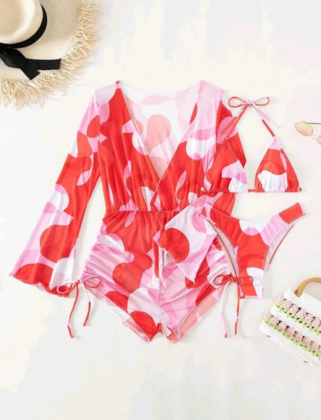 Print 3 Piece Bikini Set with Long Sleeve - Women's Cross Halter Swimwear for Beach