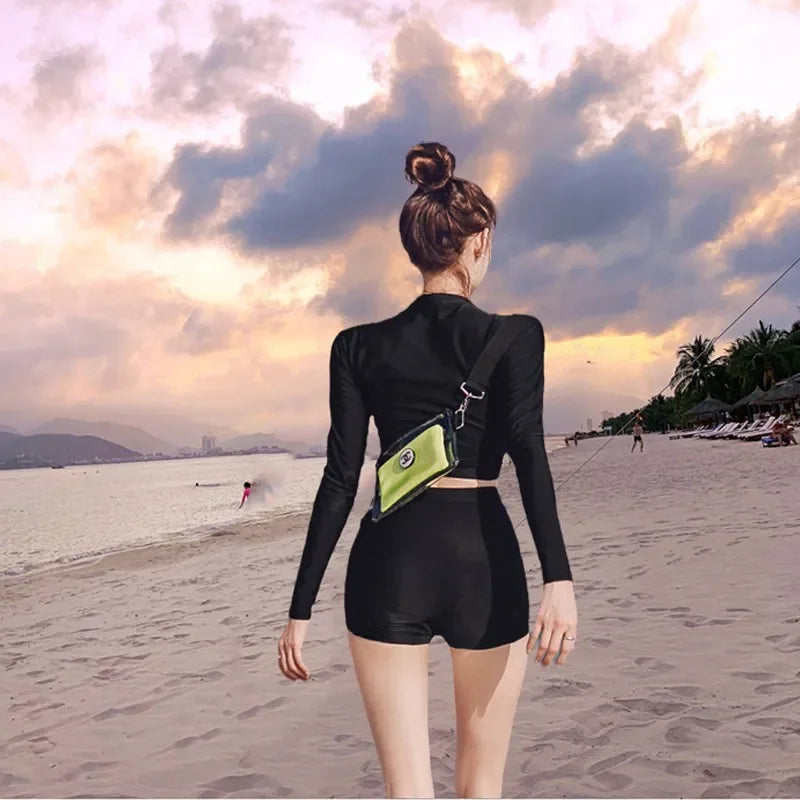 Long Sleeve Two Piece Swimsuit - Slimming High Waist Thermal Beachwear for Surfing