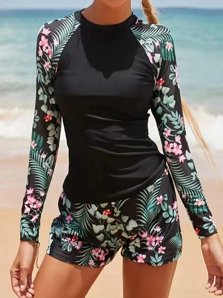 Women's Long Sleeve Tankini Swimwear Set - High Waist Boxer Shorts 2 Piece Beachwear