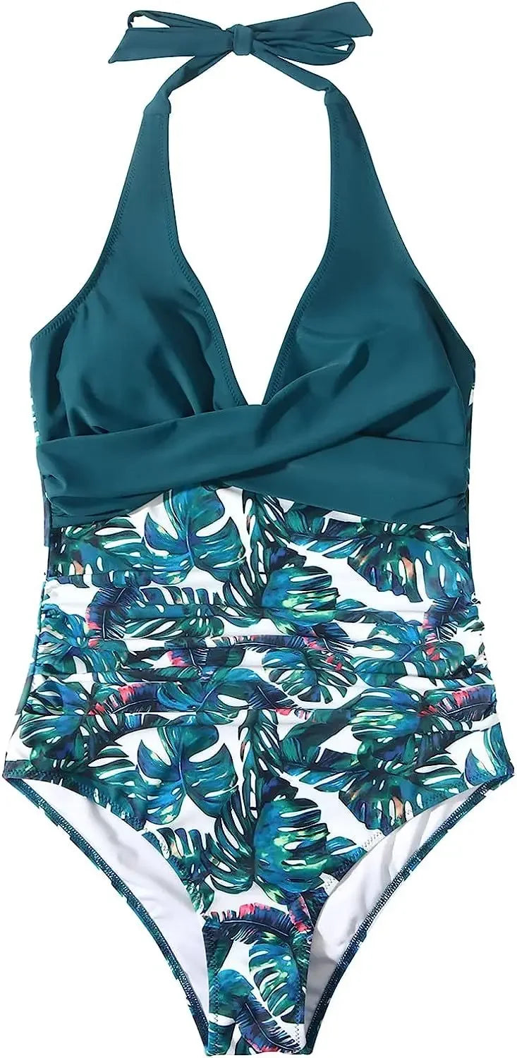 Women's Wrinkled Halter One Piece Swimsuit | V Neck Backless Monokini S-XXL