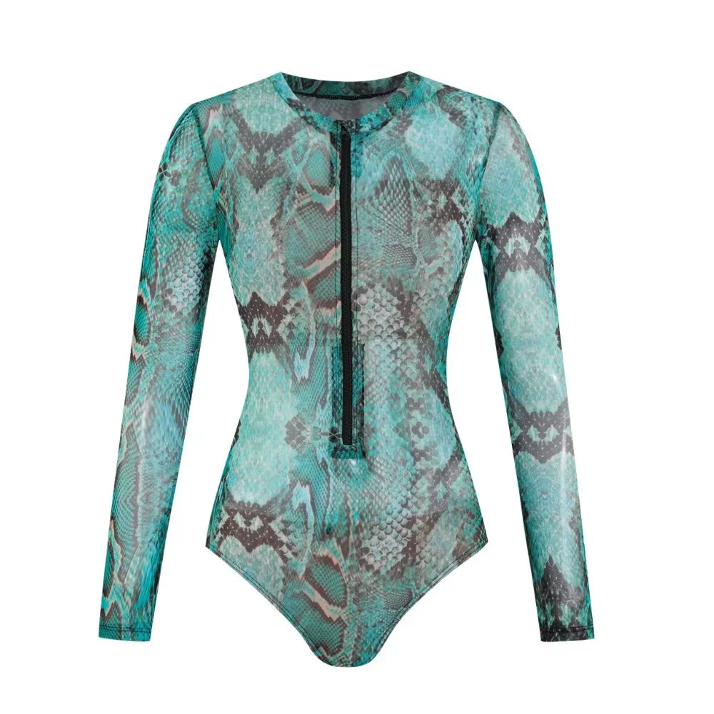 Women's 3D Snake Print Long Sleeve Swimsuit | Zipper Front Surf Swimwear