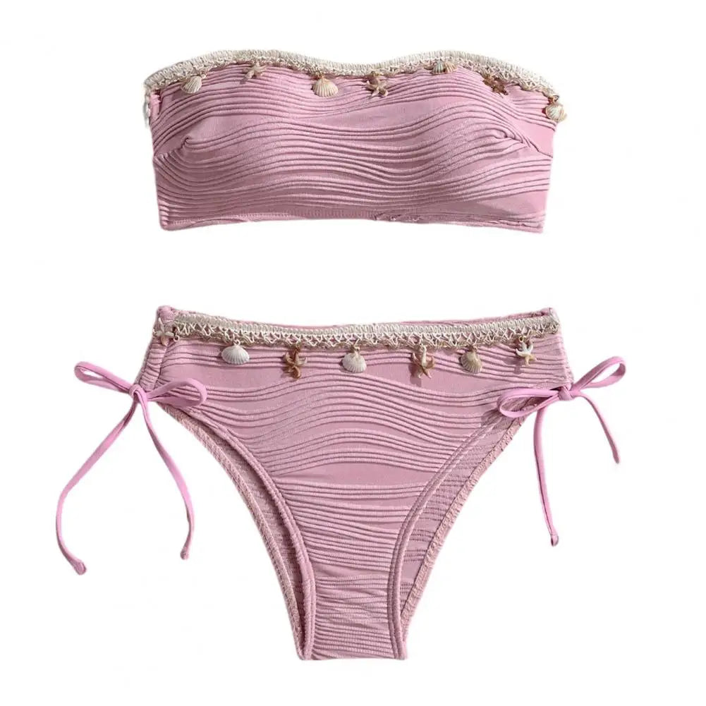 Women's Solid Tube Top Bikini Set | High Waist Swimsuit with Shell Decor