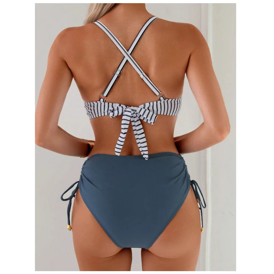 CIKINI Women's High Waist Criss-Cross Bikini Set | Metal Pendant & Adjustable Drawstring
