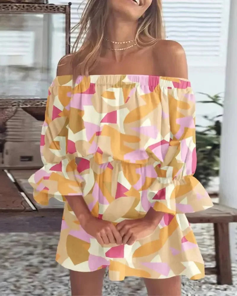 Women's Off Shoulder Ruffle Mini Dress | Puff Sleeves with Floral Print for Summer Beach