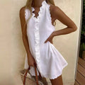 Women's White V-Neck Ruffled Mini Dress | Casual Cotton Linen Boho Beachwear
