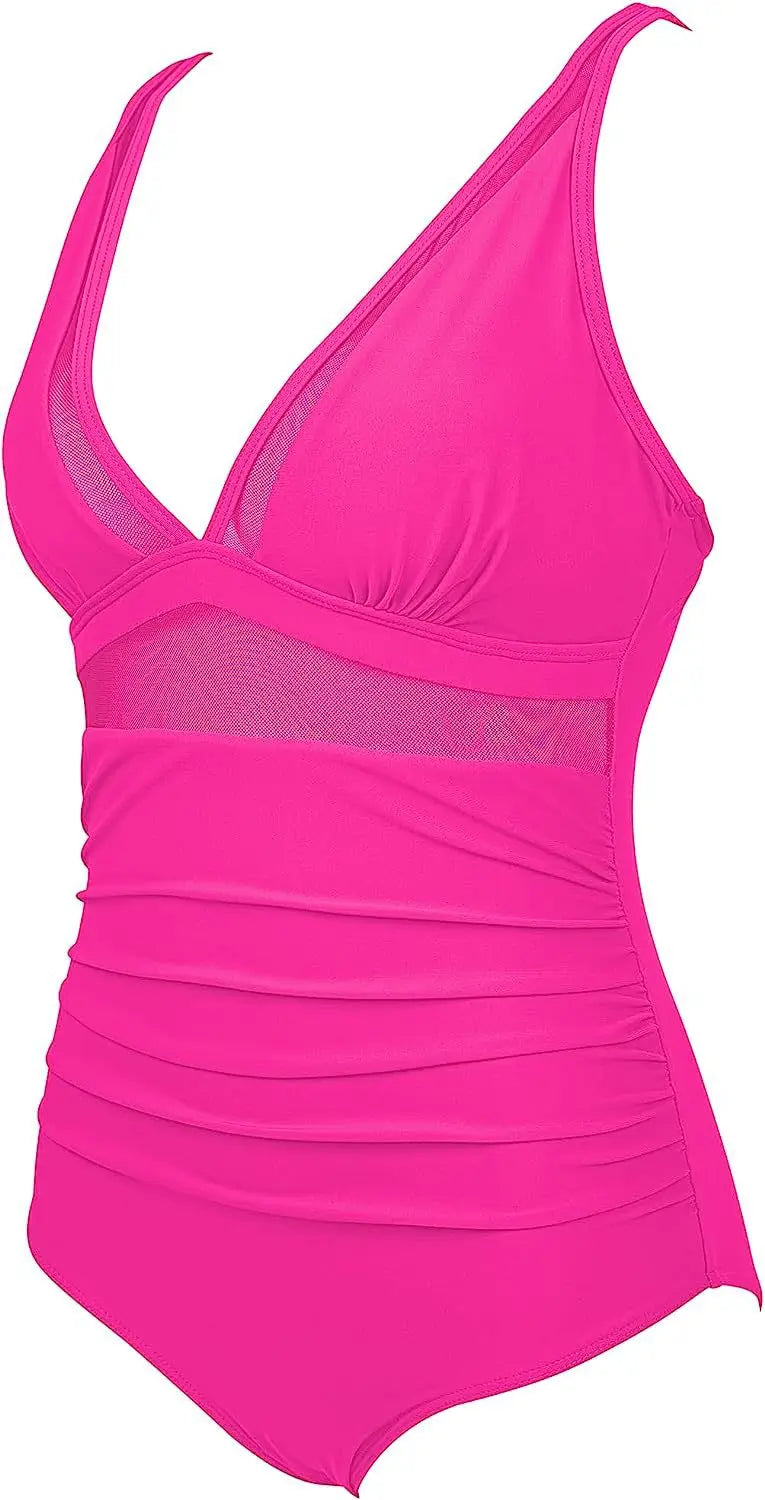 Deep V Neck One Piece Swimsuit - Removable Bra Plain Monokini for Women