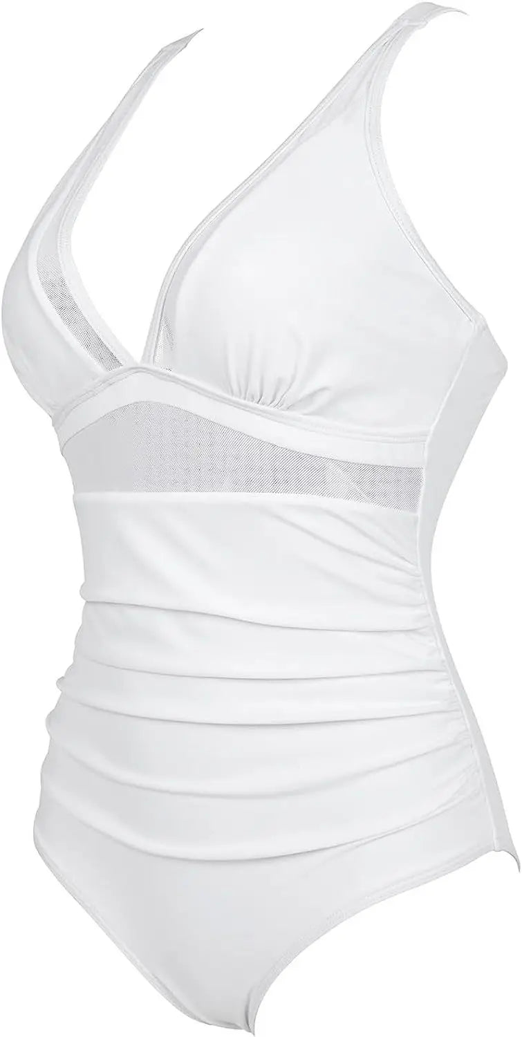 Deep V Neck One Piece Swimsuit - Removable Bra Plain Monokini for Women
