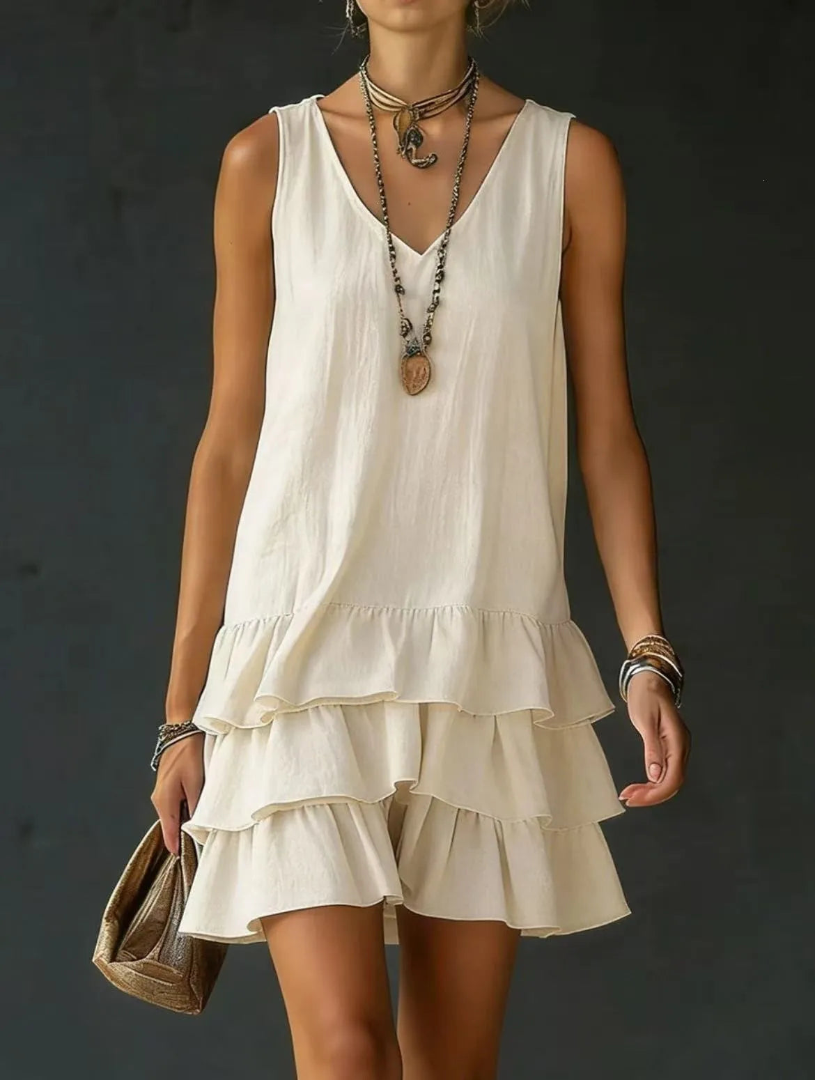 Women's V-Neck Sleeveless Solid Dress | Loose Ruffle Hem Casual Summer Wear