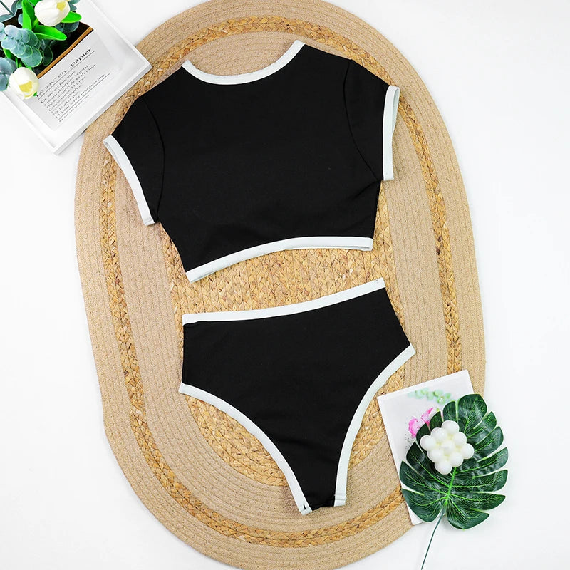 Women's High Waist Ribbed Bikini Set | Two-Piece Swimwear with Shorts