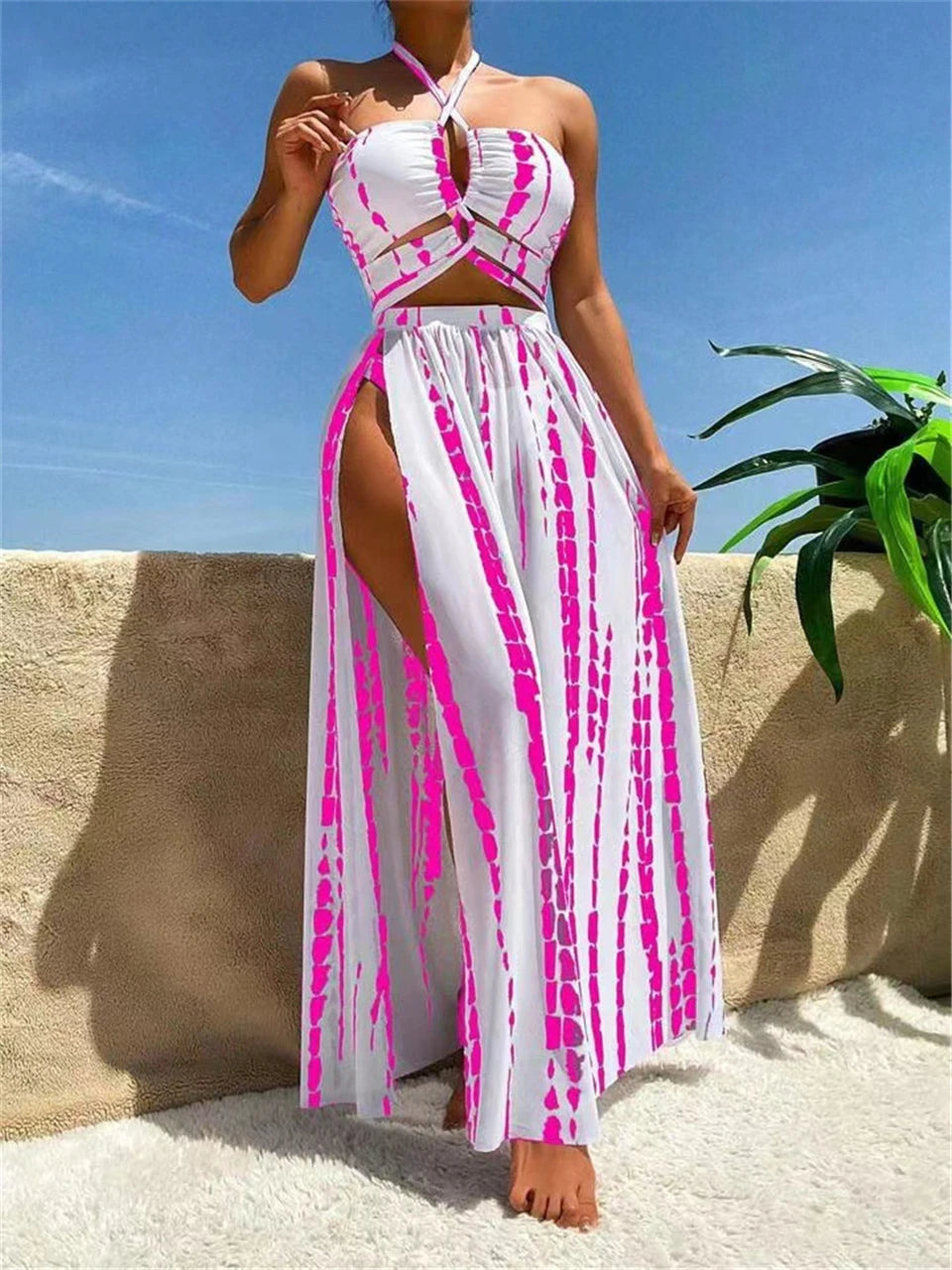 Tie Dye 3 Piece Bikini Set for Women - Cross Halter Swimsuit with Cover Up Pants