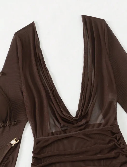 Women's Triangle Push Up 3-Piece Bikini Set | Mesh Long Sleeve Cover Up Swimwear
