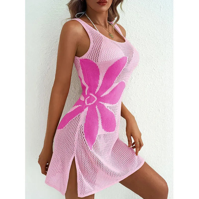 Women's Knit Hollow Out Beach Cover Up Dress | O-Neck Sleeveless Beachwear