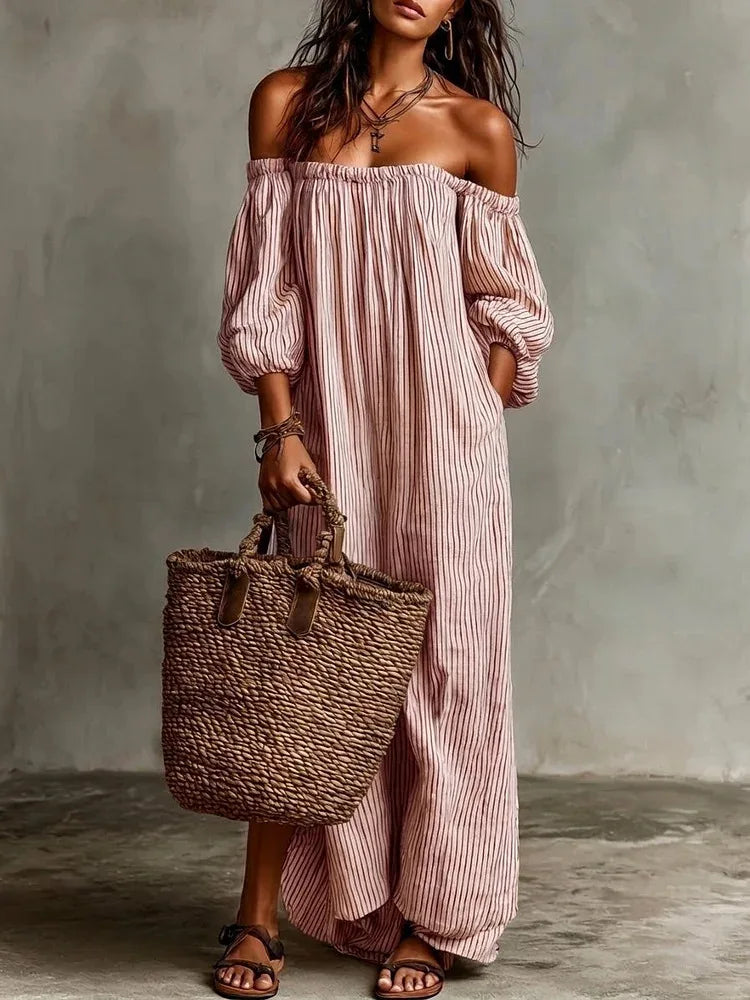 Women's Striped Patchwork Maxi Dress | Slash Neck Elegant Summer Party Wear
