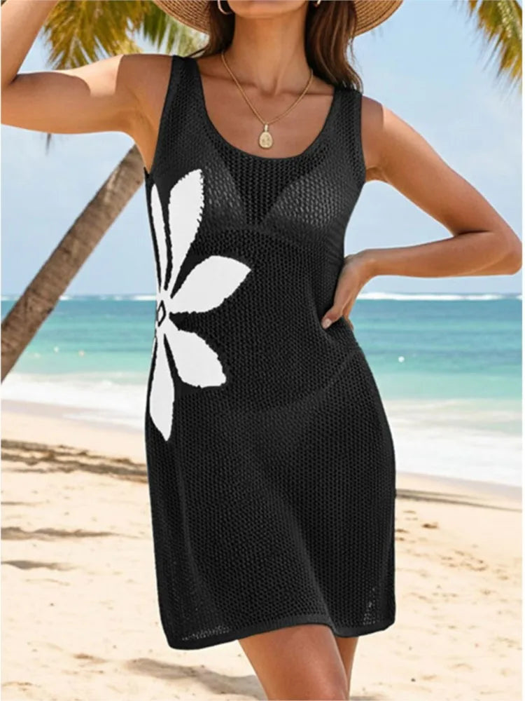 Women's Knit Hollow Out Beach Cover Up Dress | O-Neck Sleeveless Beachwear